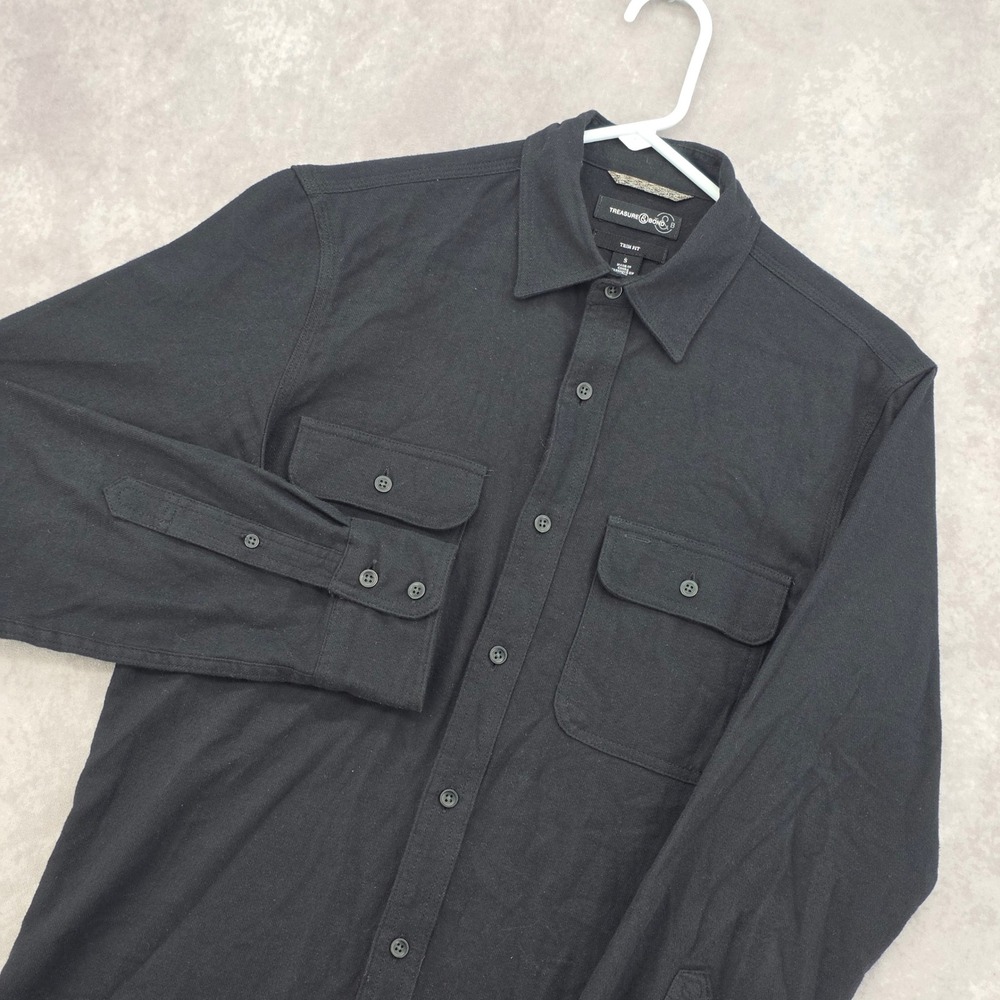 Treasure & Bond Mens Small Flannel Button Down Shirt Trim Black Utility Pocket